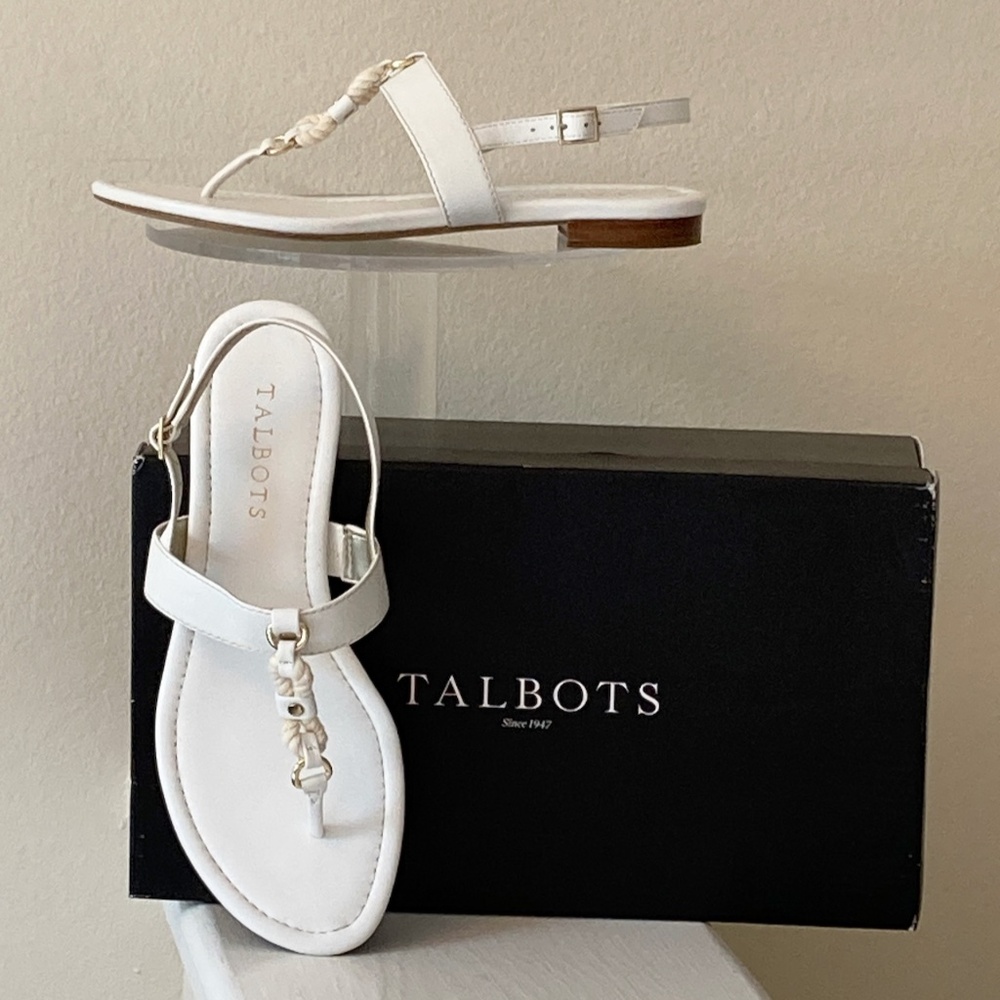 White leather sandals 7M Talbots Nappa Leather Keri Rope Flats 1/2" Heel T Strap